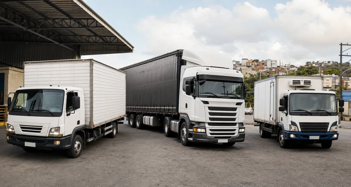 Frota de caminhões e veículos pesados de carga em um pátio de transportadora